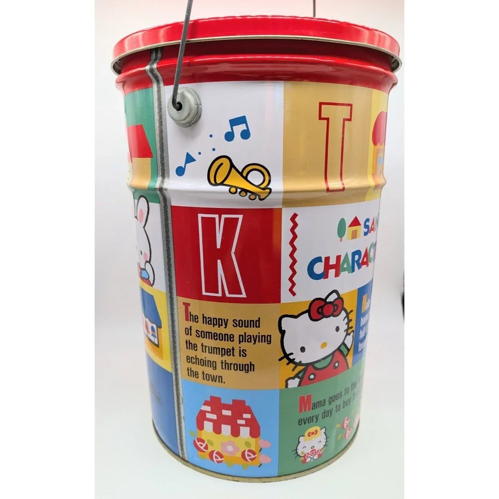 VTG Sanrio Hello Kitty Tin Bucket Pail Character Town With Handle And Lid 1990